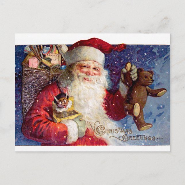 Santa with Teddy and Krampus in a Box Holiday Postcard (Front)