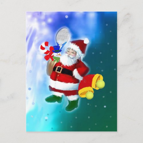 Santa with tennis racquet and bells holiday postcard