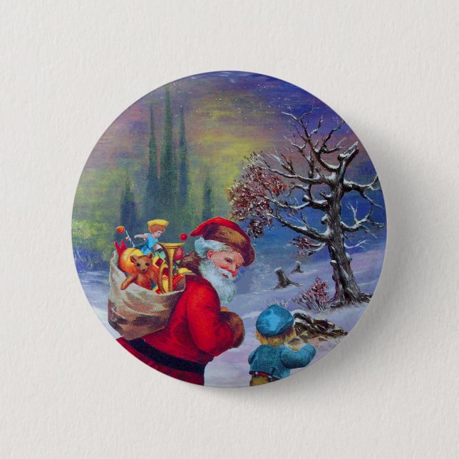 SANTA WITH TOYS AND CHILD IN THE WINTER SNOW  BUTTON (Front)