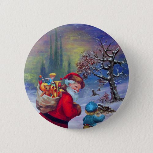 SANTA WITH TOYS AND CHILD IN THE WINTER SNOW  BUTTON