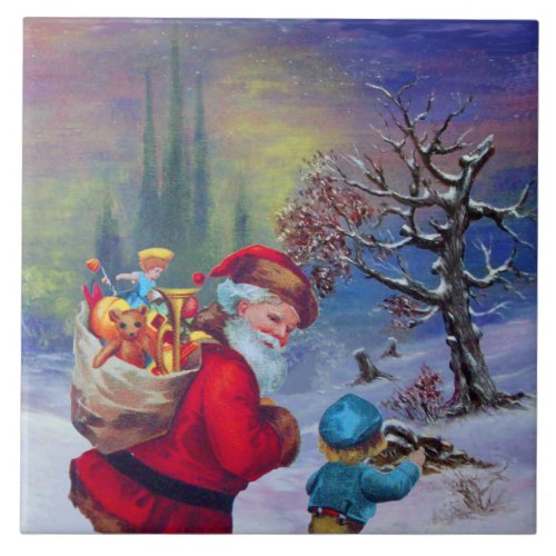 SANTA WITH TOYS AND CHILD IN THE WINTER SNOW  CERA CERAMIC TILE