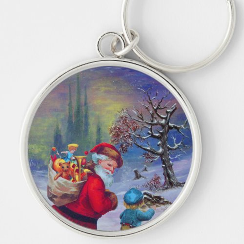 SANTA WITH TOYS AND CHILD IN THE WINTER SNOW KEYCHAIN