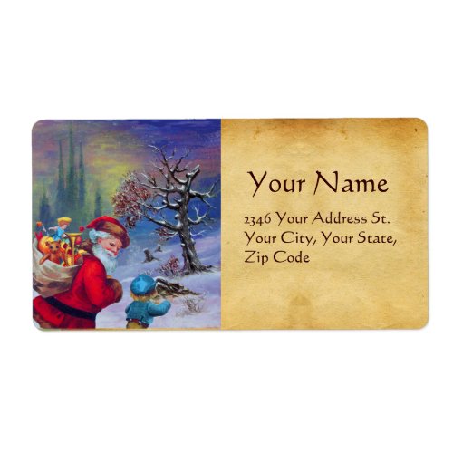 SANTA WITH TOYS AND CHILD IN THE WINTER SNOW LABEL