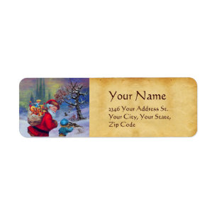 SANTA WITH TOYS AND CHILD IN THE WINTER SNOW LABEL