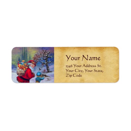 SANTA WITH TOYS AND CHILD IN THE WINTER SNOW LABEL