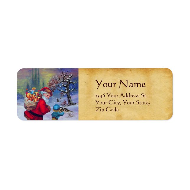 SANTA WITH TOYS AND CHILD IN THE WINTER SNOW LABEL (Front)