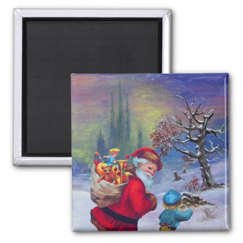 SANTA WITH TOYS AND CHILD IN THE WINTER SNOW  MAGNET