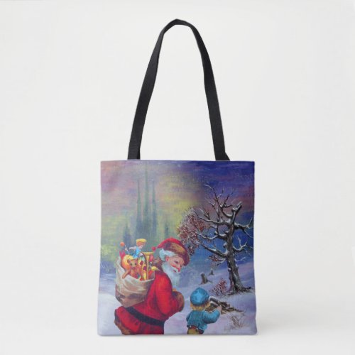 SANTA WITH TOYS AND CHILD IN THE WINTER SNOW TOTE BAG