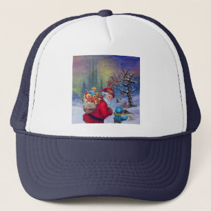 SANTA WITH TOYS AND CHILD IN THE WINTER SNOW TRUCKER HAT