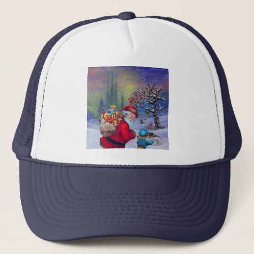 SANTA WITH TOYS AND CHILD IN THE WINTER SNOW  TRUCKER HAT