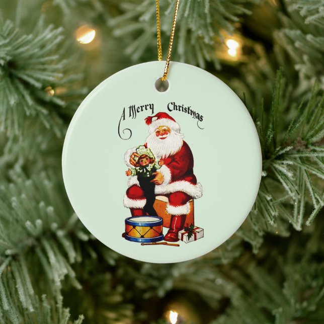 Santa With Toys Merry Christmas Ceramic Ornament (Tree)