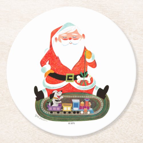 Santa with Train Round Paper Coaster