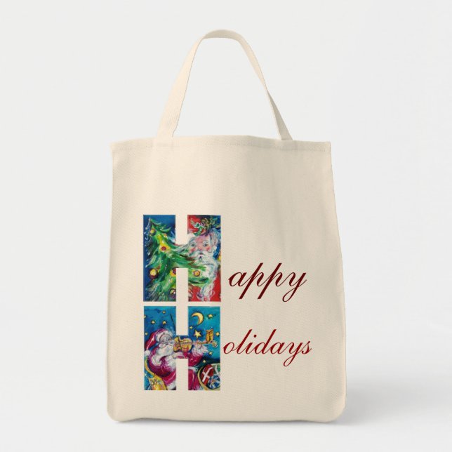 SANTA  WITH VIOLIN  AND CHRISTMAS TREE H MONOGRAM TOTE BAG (Front)