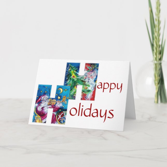SANTA WITH  VIOLIN AND  CHRISTMAS TREE MONOGRAM HOLIDAY CARD (Front)