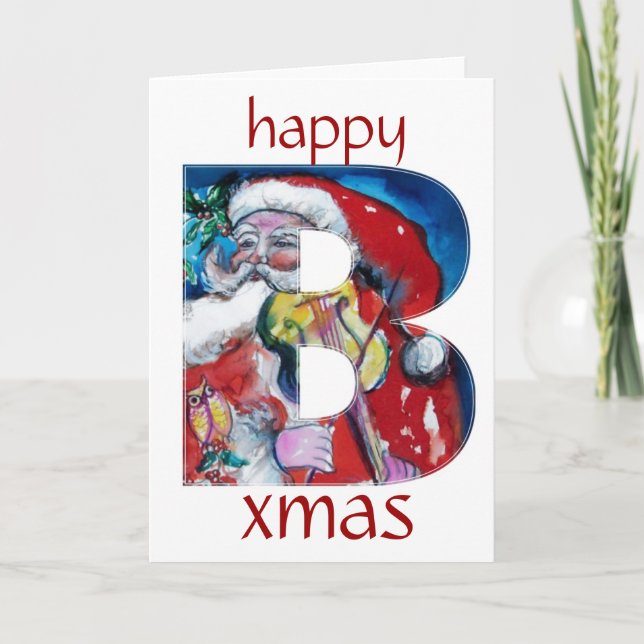SANTA WITH VIOLIN  R MONOGRAM HOLIDAY CARD (Front)