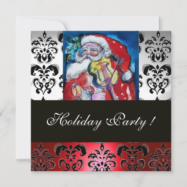 SANTA WITH VIOLIN ,RED BLACK DAMASK MONOGRAM Ruby Invitation (Front)