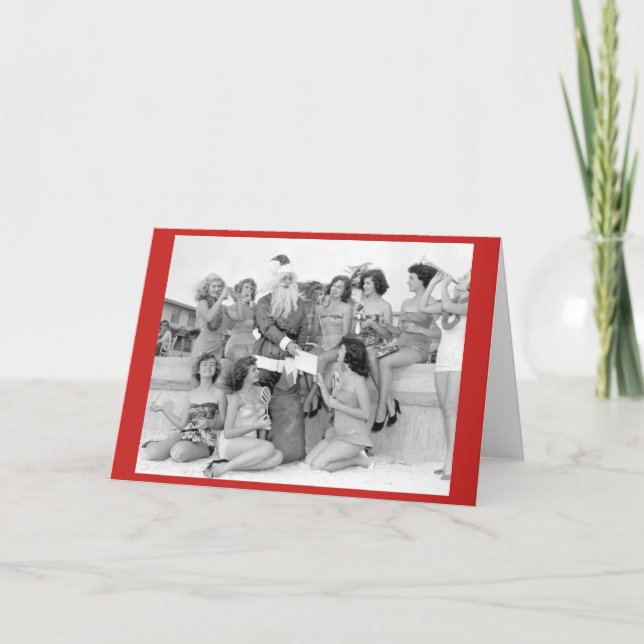 Santa with young women on beach holiday card (Front)