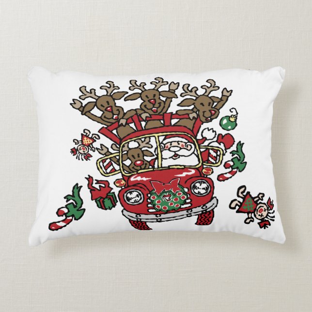 Santa Woody and His Reindeer Christmas Cartoon Accent Pillow (Front)