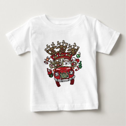 Santa Woody and His Reindeer Christmas Cartoon Baby T_Shirt