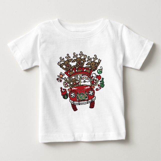 Santa Woody and His Reindeer Christmas Cartoon Baby T-Shirt (Front)