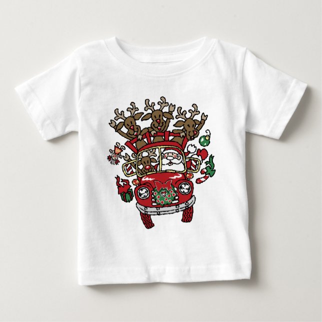 Santa Woody and His Reindeer Christmas Cartoon Baby T-Shirt (Front)