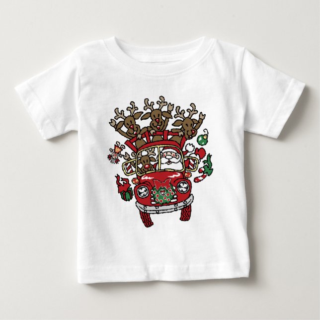 Santa Woody and His Reindeer Christmas Cartoon Baby T-Shirt (Front)