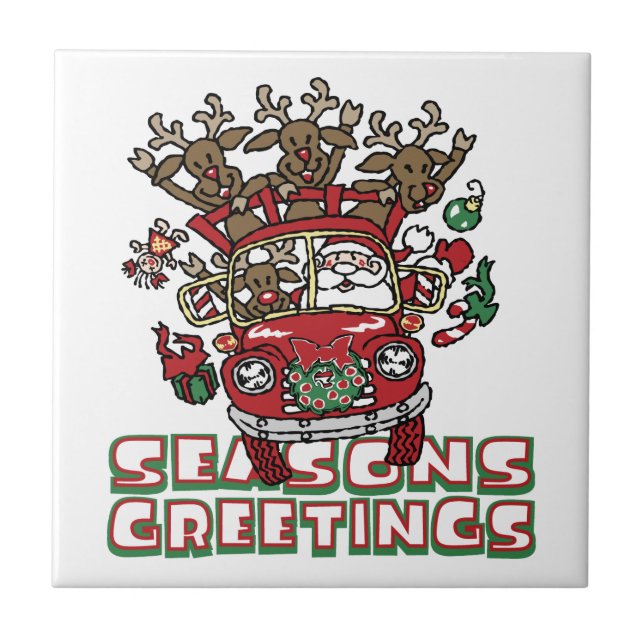 Santa Woody and His Reindeer Christmas Cartoon Ceramic Tile (Front)