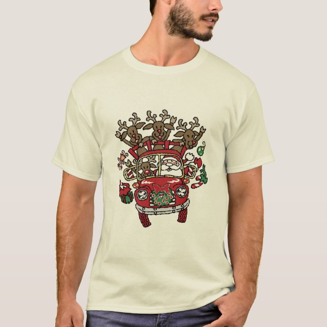 Santa Woody and His Reindeer Christmas Cartoon T-Shirt (Front)