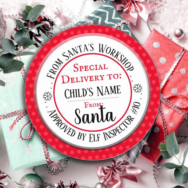 Santa Workshop Personalized Name Classic Round Sticker (Creator Uploaded)
