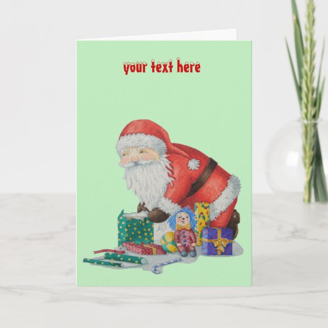 santa wrapping gifts and toys for Christmas Holiday Card (Front)