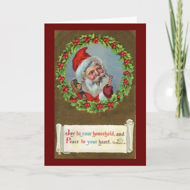 Santa, Wreath Joy to Your Family Vintage Christmas Holiday Card (Front)