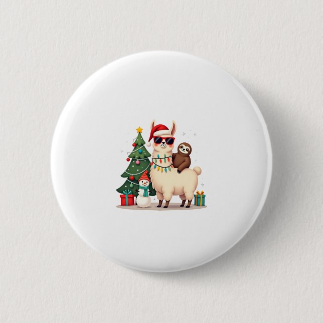 Santa Xmas Funny Llama Sloth Christmas (2) Button (Front)
