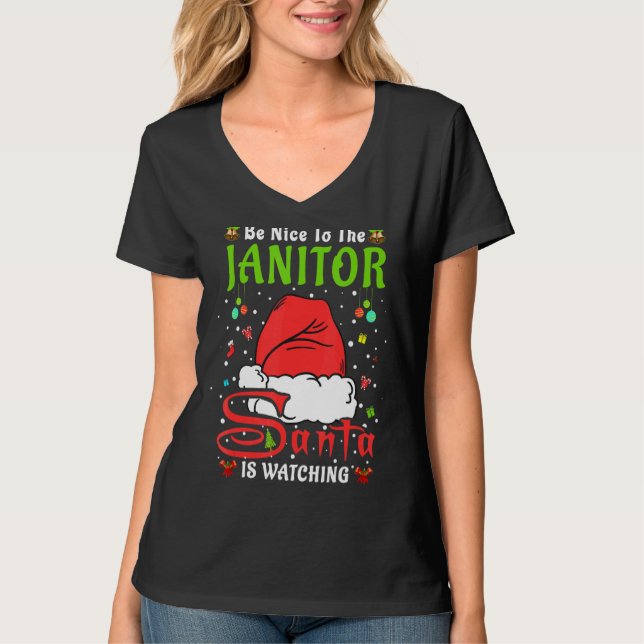 Santa Xmas Pajamas Be Nice To The Janitor Christma T-Shirt (Front)
