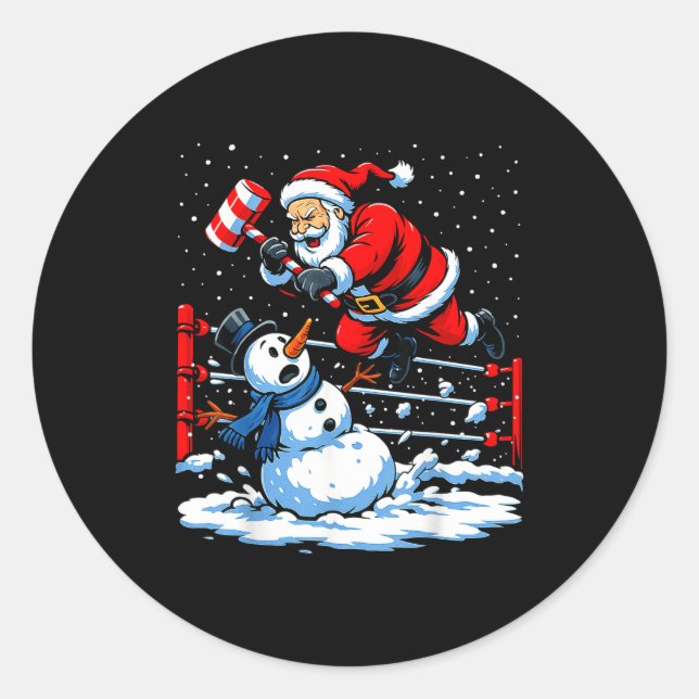 Santa Xmas Snow Lights Wrestling Funny Wrestling C Classic Round Sticker (Front)