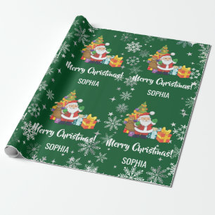 Santa Xmas Tree Gifts Snowflakes Personalize Name Wrapping Paper