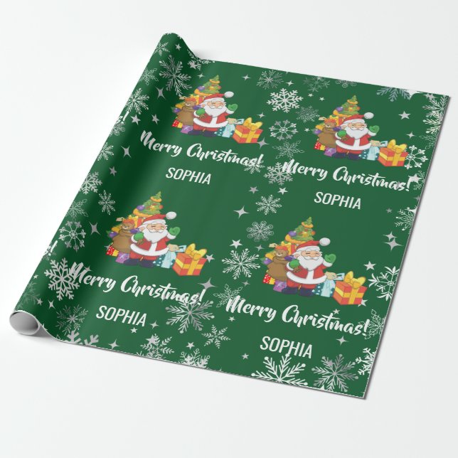 Santa Xmas Tree Gifts Snowflakes Personalize Name Wrapping Paper (Unrolled)
