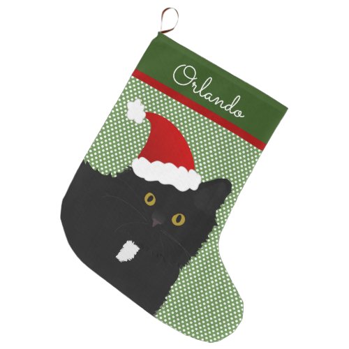 Santa Yellow Eyes Long Hair Black Cat Large Christmas Stocking