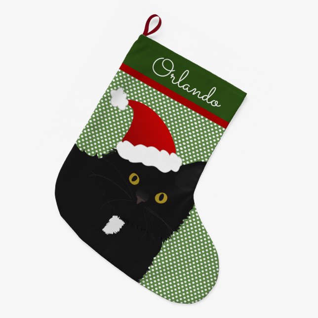 Santa Yellow Eyes Long Hair Black Cat Large Christmas Stocking (Front (Hanging))