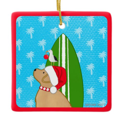 Santa Yellow Lab Surfboard Dog Christmas Ornament