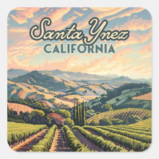 Santa Ynez California Vineyard Winery Retro Square Sticker (Front)