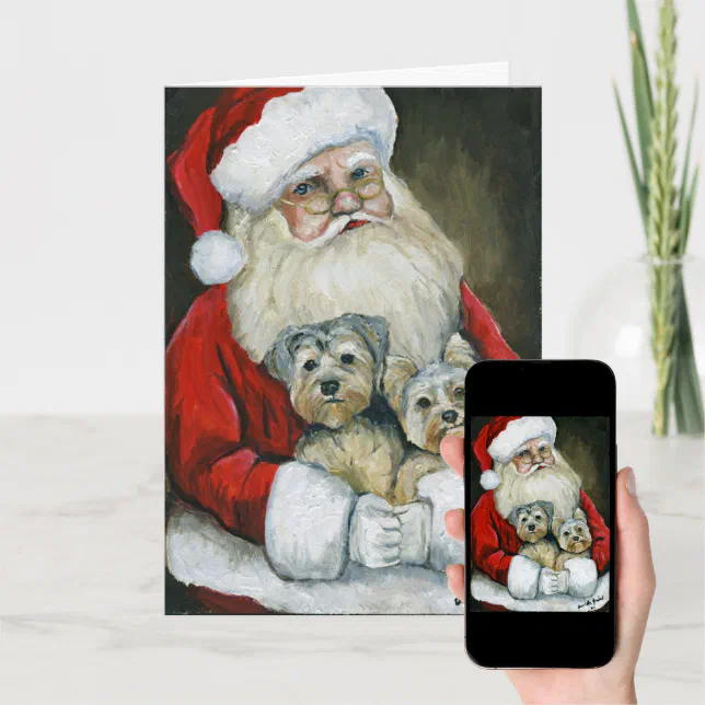 "Santa & Yorkies" Dog Art Christmas Card Zazzle