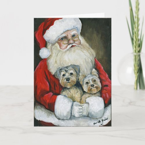 Santa  Yorkies Dog Art Christmas Card