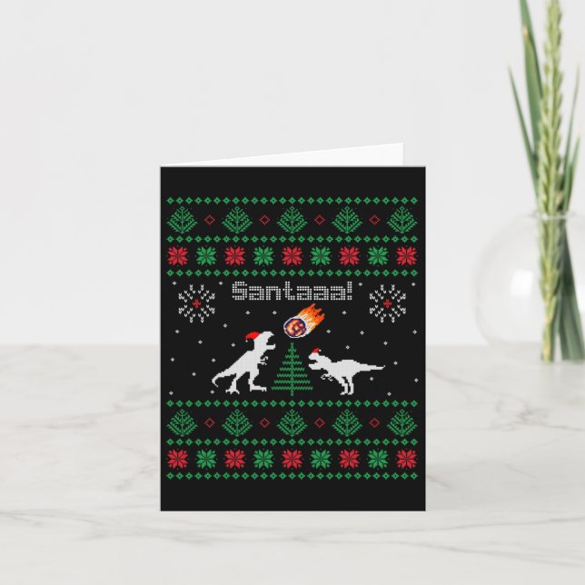 Santaaa Dinosaur Ugly Christmas Sweater  Card (Front)