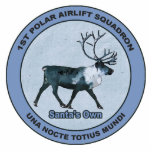 Santa's 1st Polar Airlift Sqdn - Subdued Cutout<br><div class="desc">Features the night operations, arctic/polar blue, subdued, camouflage version unit patch of the mythical 1st Polar Airlift Squadron to which are assigned Santa's eight reindeer: Dasher, Dancer, Prancer, Vixen, Comet, Cupid, Donner, and Blitzen. A reindeer (caribou) appears within a blue ring. Text reading, "1ST POLAR AIRLIFT SQUADRON" and the squadron...</div>