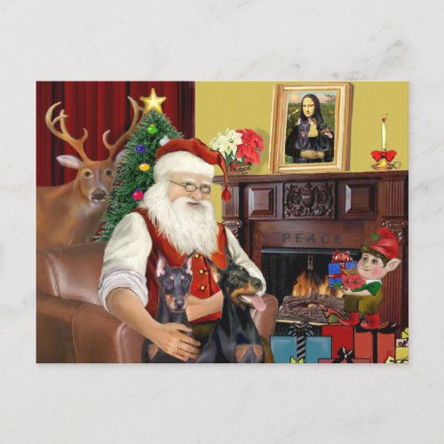 Santas 2 Doberman Pinschers Holiday Postcard