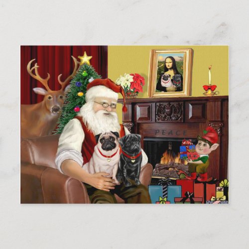 Santas 2 Pugs fawn  black Holiday Postcard