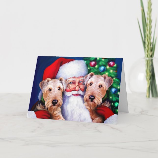 Santa's Airedale Terriers at Christmas Holiday Card (Front)