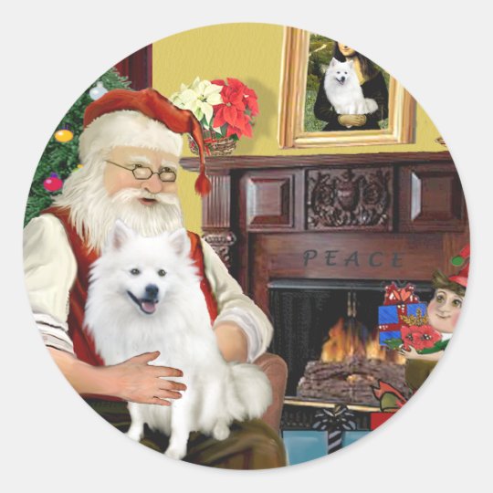 Santa's American Eskimo Dog Classic Round Sticker