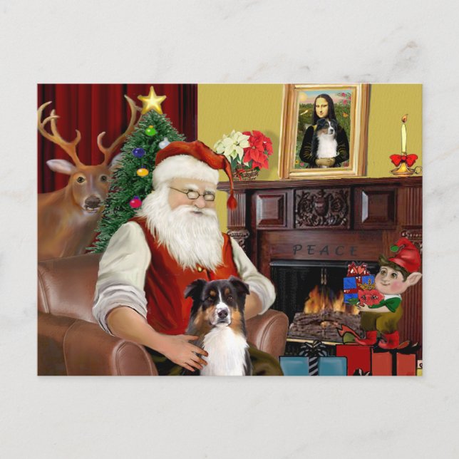 Santa's Australian Shepherd (tri) Holiday Postcard (Front)