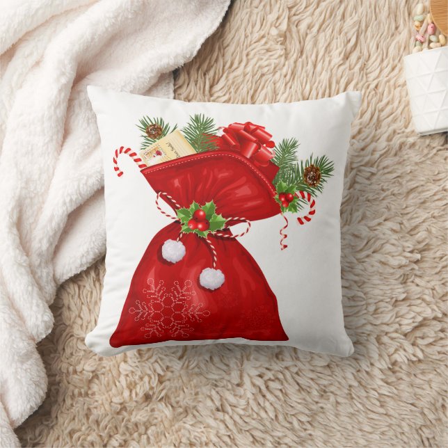 Santa's Bag Candy Cane Stripes Christmas Throw Pillow (Blanket)